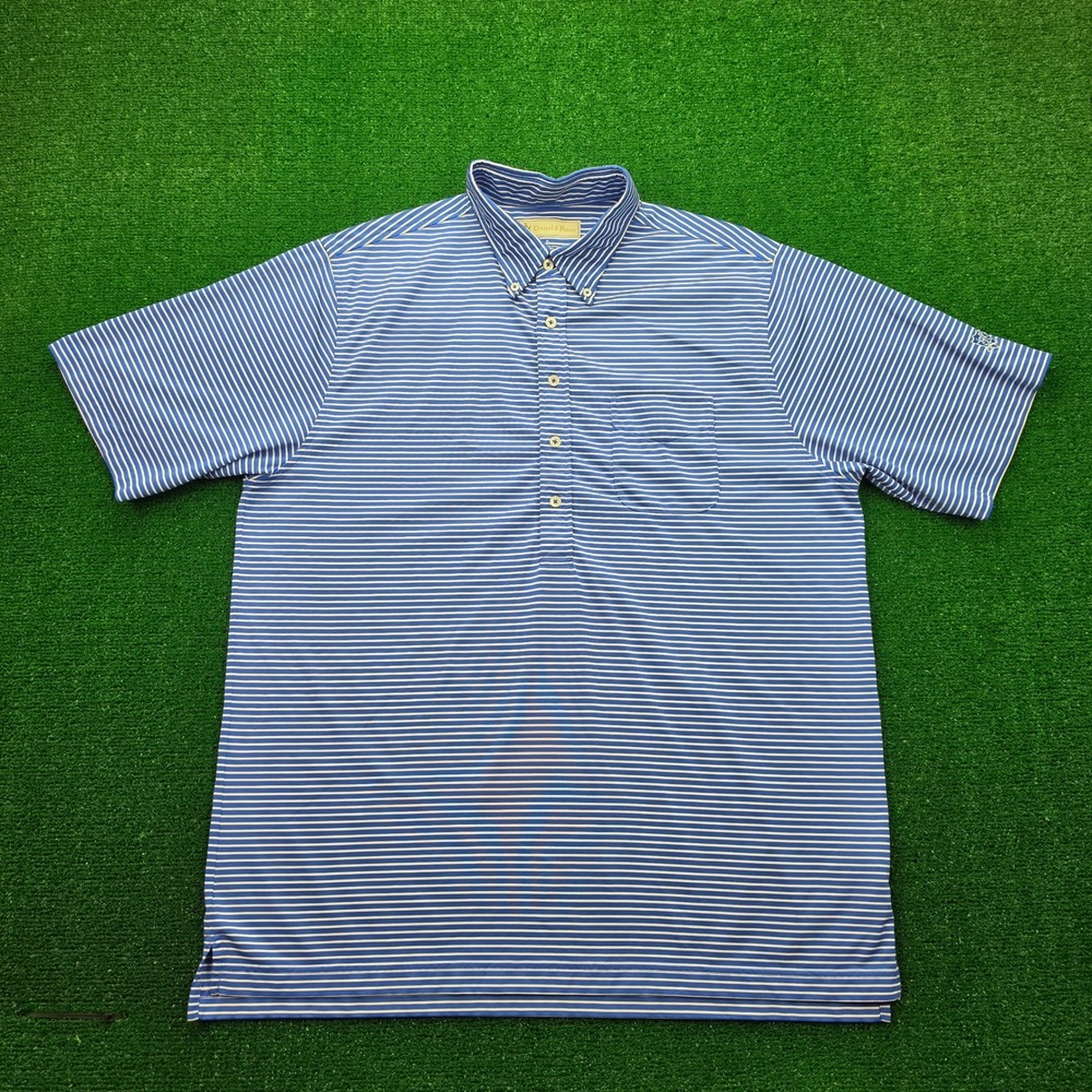 Donald Ross Golf Performance Polo Shirt‎ Mens XL Blue Striped Button Down Collar